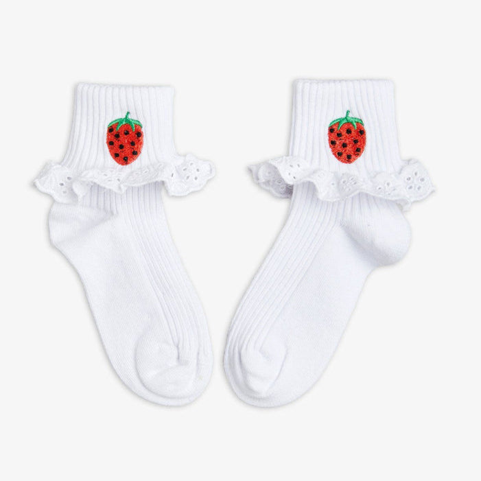 Strawberries Lace Socks, White - Mini Rodini