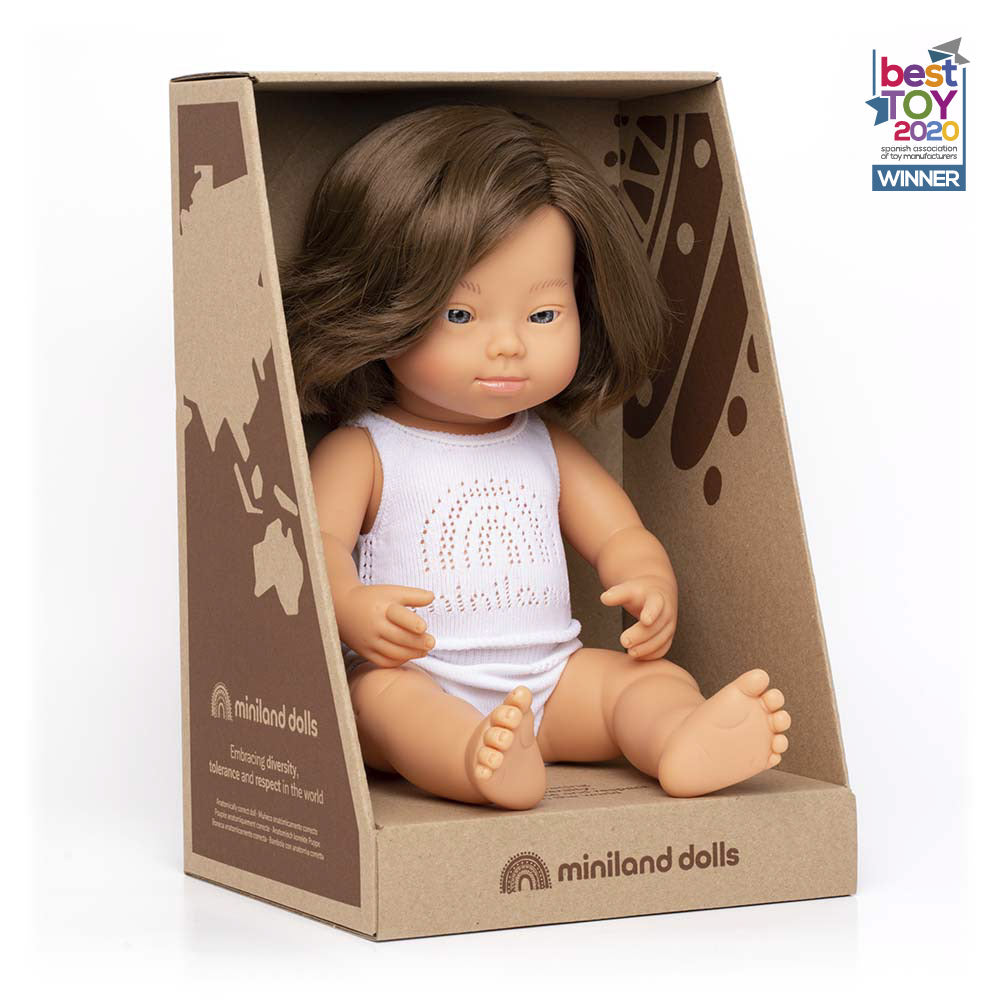 Baby Doll, 38cm Downs Syndrom, Brunhårig - Miniland Dolls