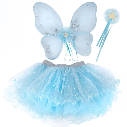 Blå Celestial Alv Tutu med Vingar och Trollstav, 4-6 år - Great Pretenders