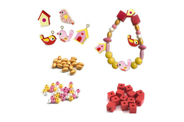 Pärlor i trä 450 st, Perles, Fåglar/Rosa - Djeco