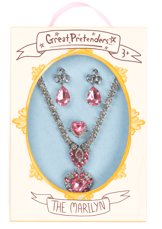 Halsbandsset The Marilyn med 2 clips- örhängen & 1 ring, Rosa/Silver - Great Pretenders