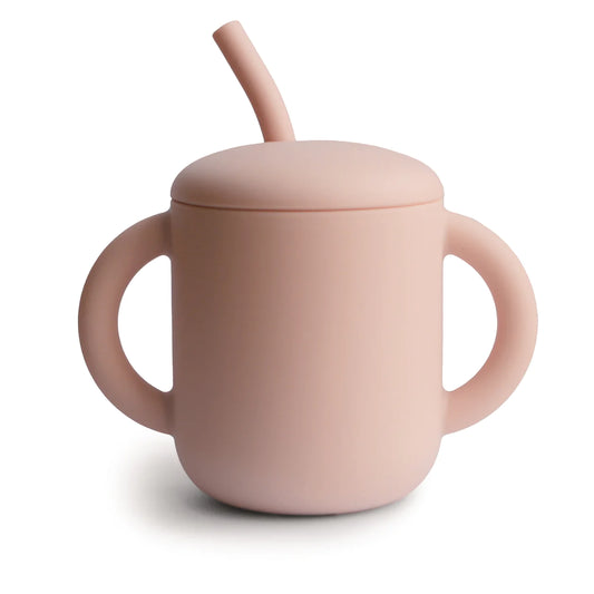 Mushie Silicone Training Cup Straw Powder Blush