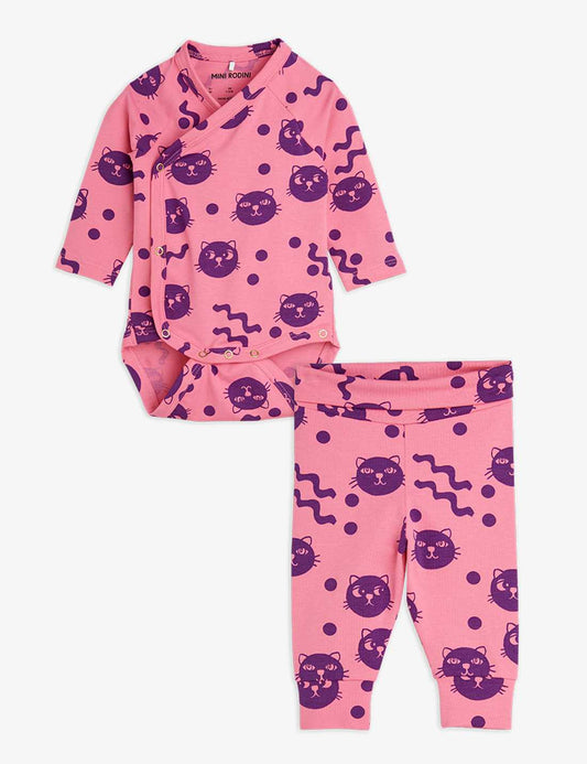 Squiggly Cats AOP NB Baby Set, Pink