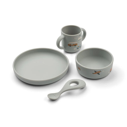 Vivi Printed Tableware Set — Vehicles / Dove Blue Mix