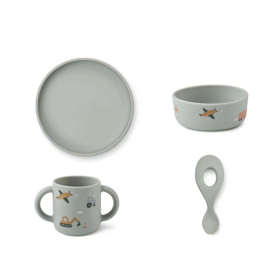 Vivi Printed Tableware Set — Vehicles / Dove Blue Mix