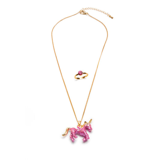 Glitter Pink Unicorn Halsband & Ring Set (2 delar) - Great Pretenders