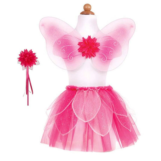 Maskerad, Rosa Glitter Kjol med Vingar och Trollstav, 4-6 år - Great Pretenders