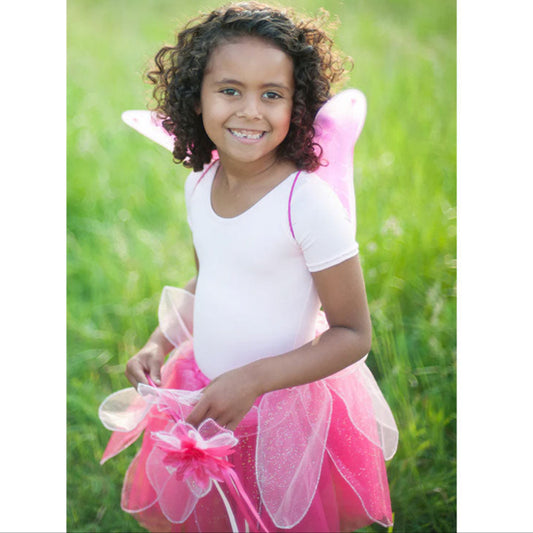 Maskerad, Rosa Glitter Kjol med Vingar och Trollstav, 4-6 år - Great Pretenders