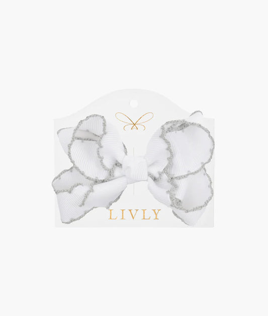 Rosett 8,5 cm, Vit med grå kant, MEDIUM PICOT BOW SNOW ANGEL - Livly