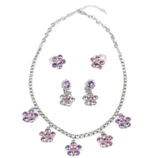 Smyckesset Audrey 5-delar - Halsband, 2xRing & Clipsörhängen Lila/Rosa - Great Pretenders