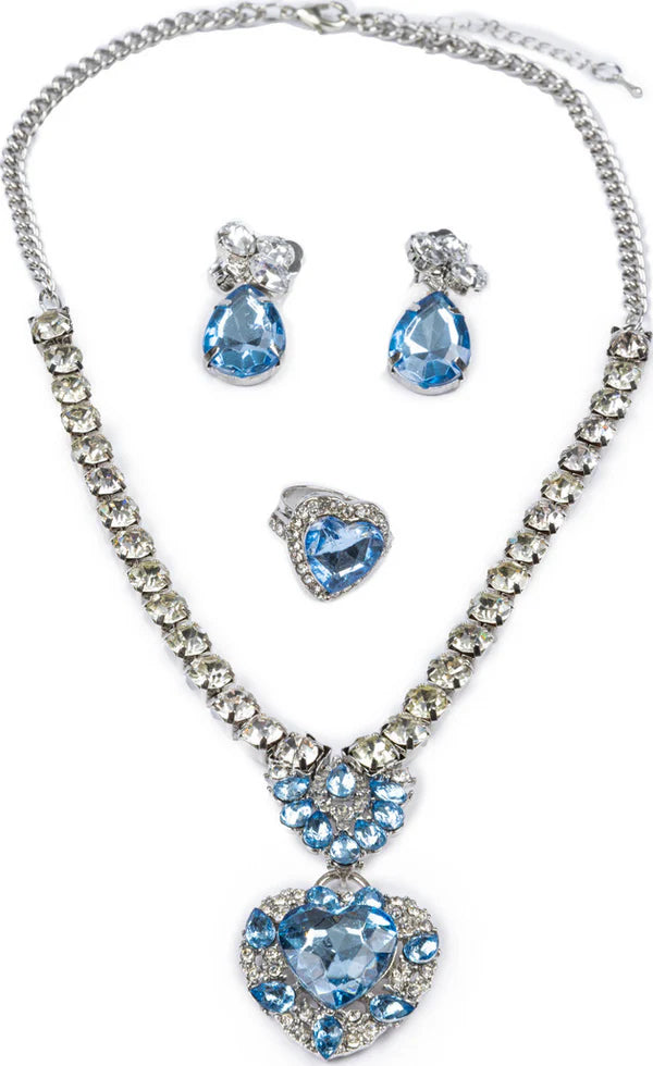 Halsbandsset The Marilyn med 2 clips- örhängen & 1 ring, Blå/Silver - Great Pretenders