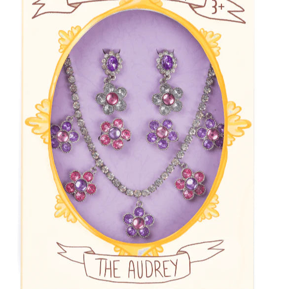Smyckesset Audrey 5-delar - Halsband, 2xRing & Clipsörhängen Lila/Rosa - Great Pretenders