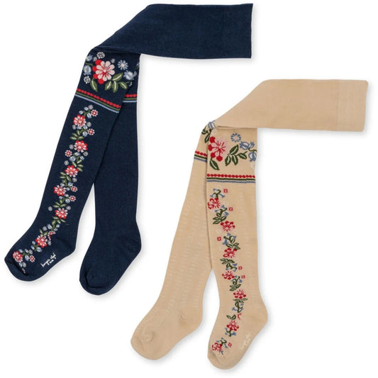 Strumpbyxor, Blommor/Jacquard, Blå/Beige - Konges Slöjd